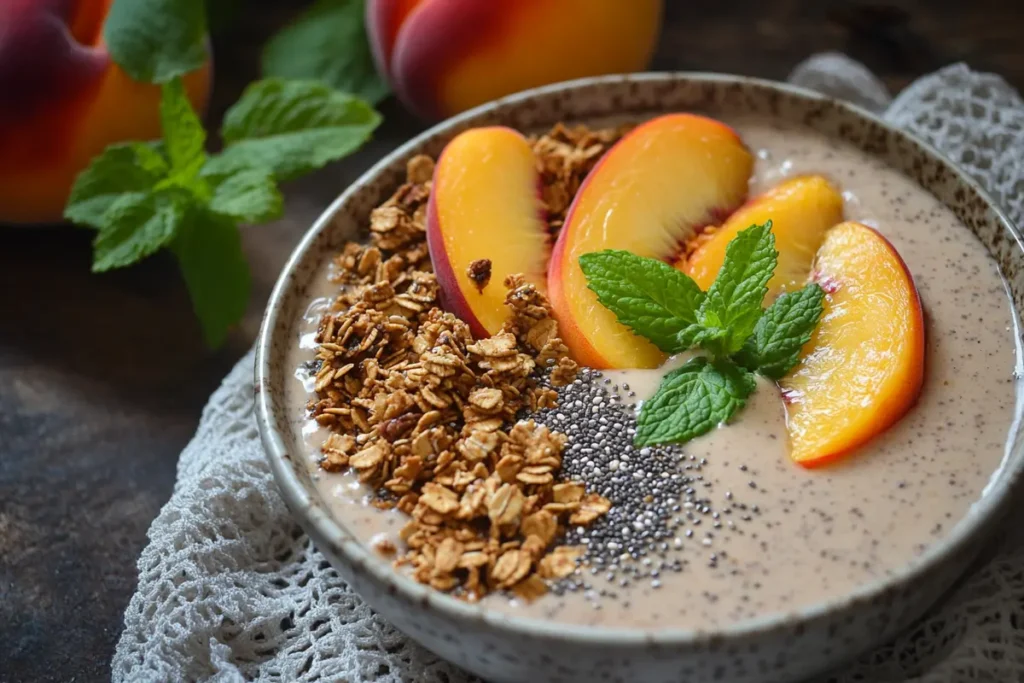 Peach smoothie bowl with fresh toppings.