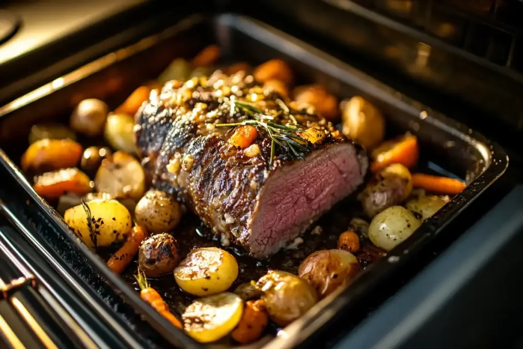 Beef arm roast roasted to perfection, surrounded by golden baby potatoes and caramelized carrots in a roasting pan inside the oven.