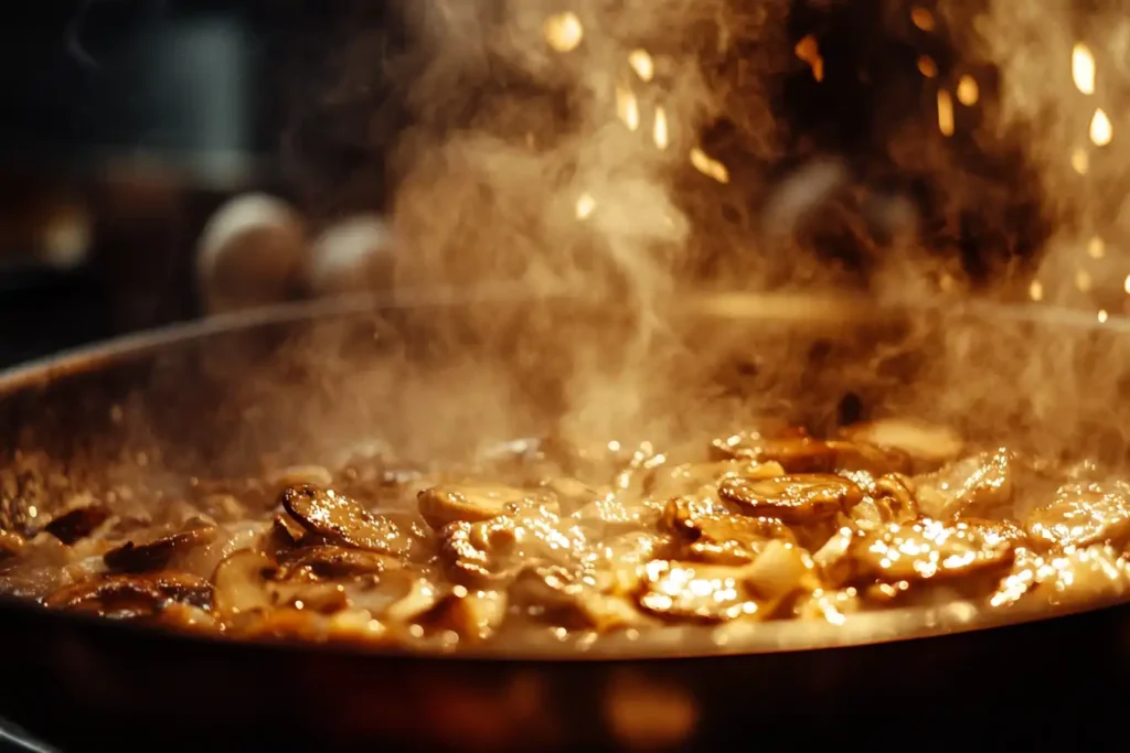 Golden brown mushrooms being sautéed in a hot pan with steam rising, creating a rich and savory aroma.