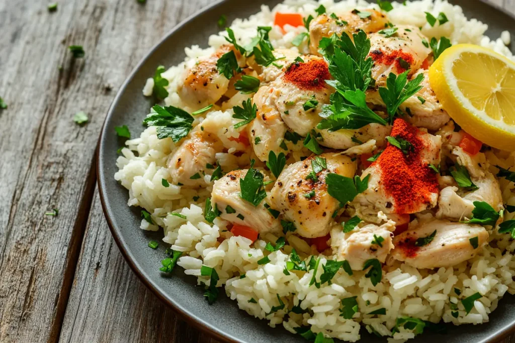 Flavorful chicken and rice garnished with herbs and spices.