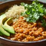 A vibrant plant-based high-protein dinner with a bowl of lentil curry, quinoa, and avocado slices, garnished with fresh cilantro.