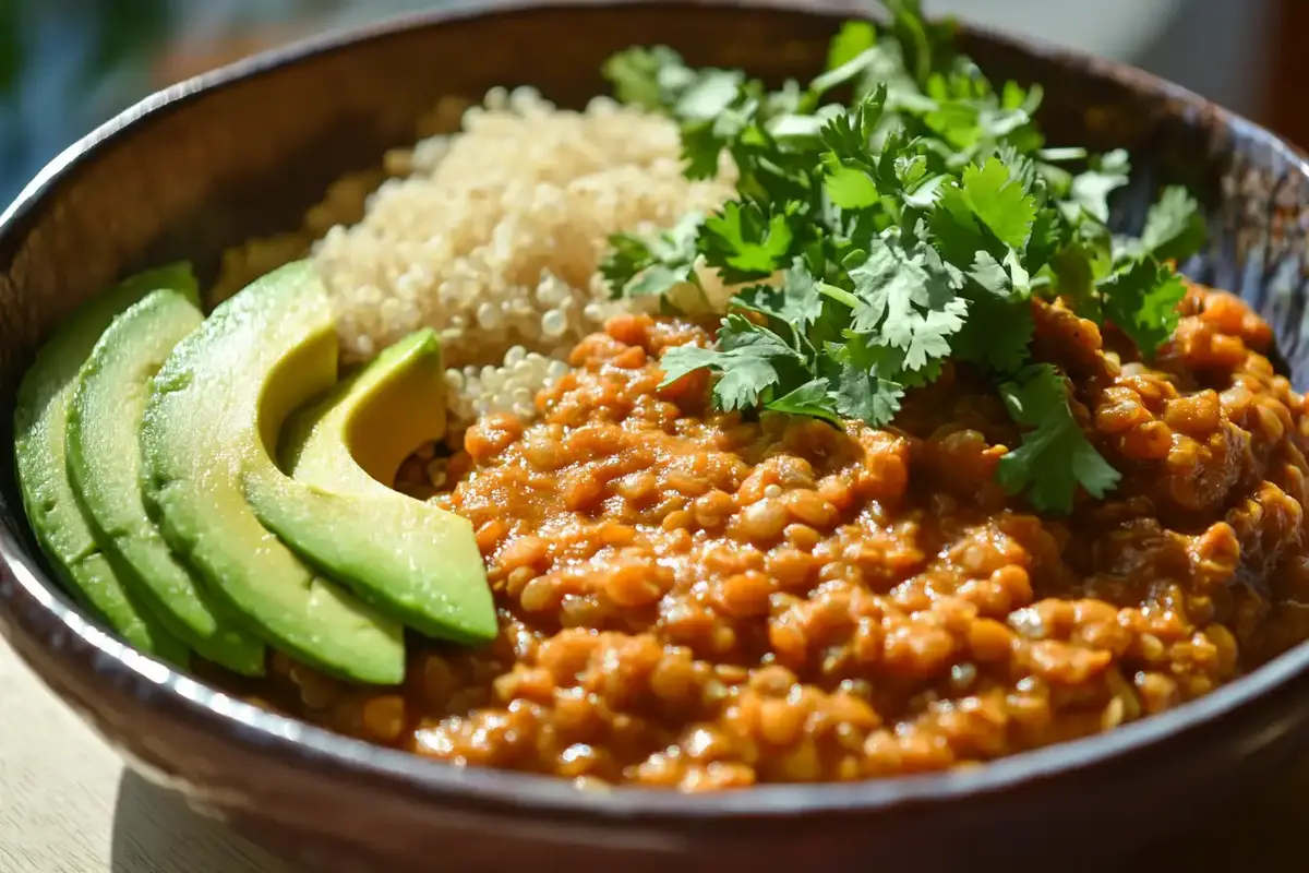 A vibrant plant-based high-protein dinner with a bowl of lentil curry, quinoa, and avocado slices, garnished with fresh cilantro.