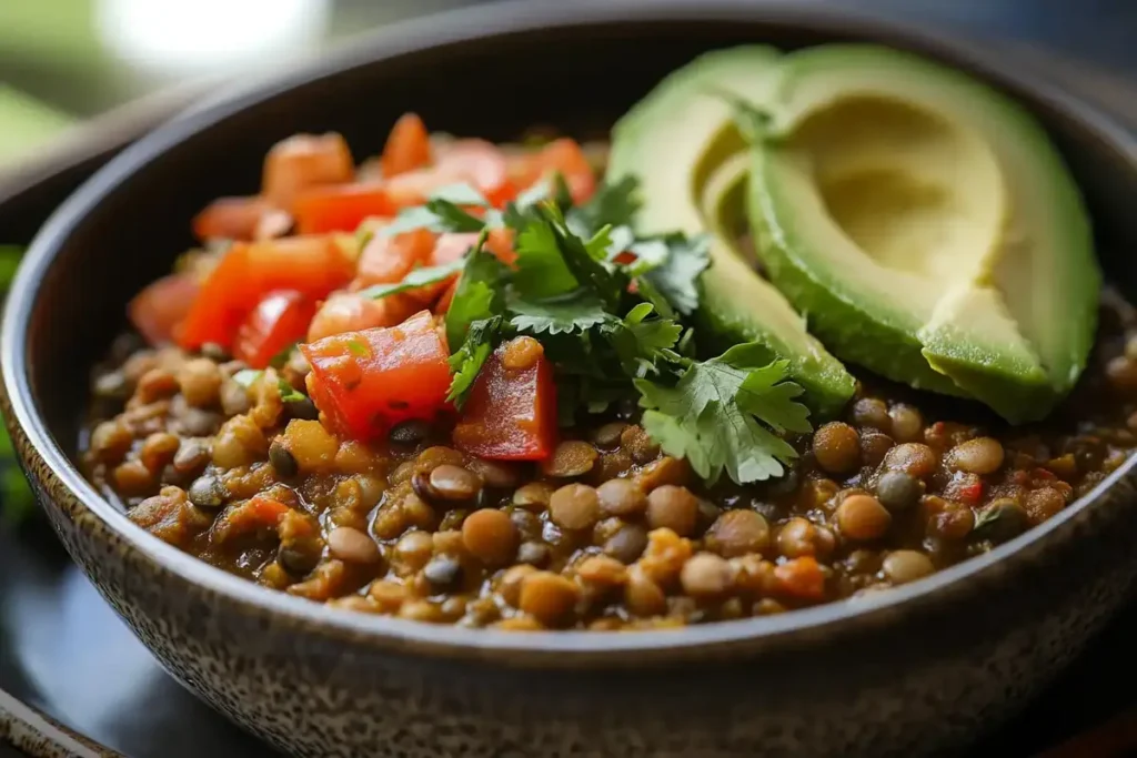 A bowl of lentil stew topped with diced tomatoes, avocado slices, and fresh cilantro, served as a plant-based high-protein dinner.