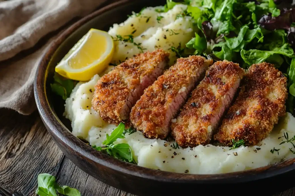 Crispy beef cutlets served with side dishes