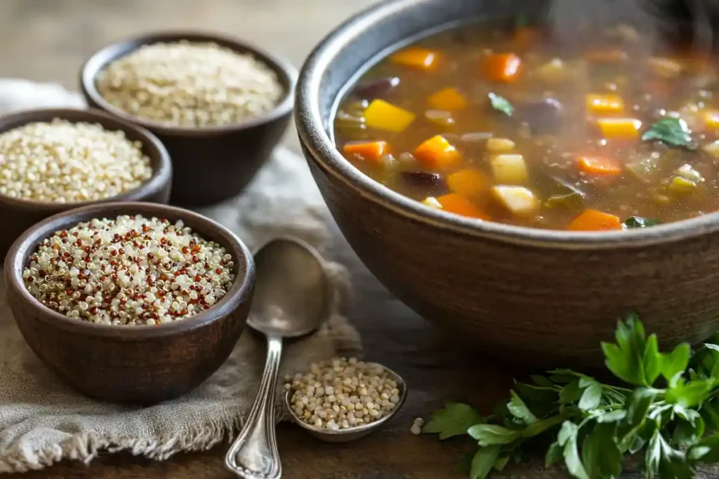 Quinoa, rice, and buckwheat as gluten-free soup grains.