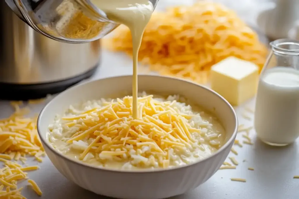 A bowl of white rice topped with shredded cheddar cheese, as creamy cheese sauce is being poured over it, surrounded by ingredients like milk, butter, and cheese.