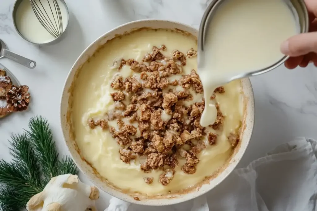 A hand pouring creamy custard mixture over cinnamon roll pieces in a baking dish, with crumbled streusel topping scattered on the surface.