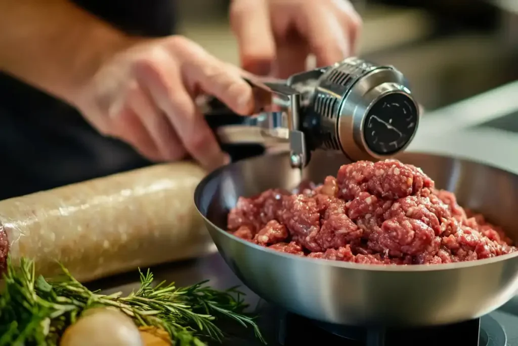 Close-up of hands using a meat grinder to prepare ground beef for homemade beef sausages, with fresh herbs and natural casings on the side.