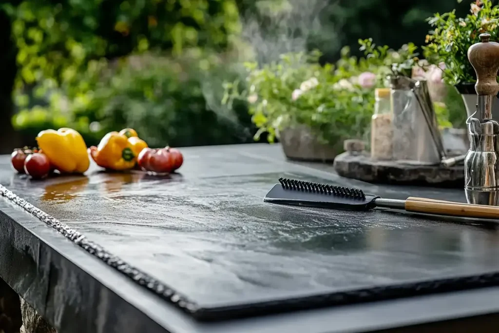 Clean Blackstone griddle surface with vegetables and cleaning brush in a serene outdoor setting.