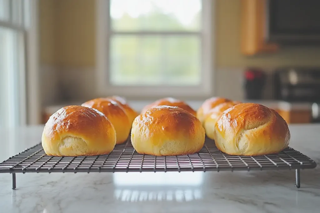 Freshly baked soft buns cooling on rack