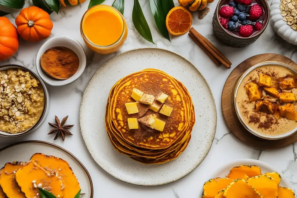 Flat lay of pumpkin-based breakfast dishes, including pancakes, smoothies, oatmeal, and roasted pumpkin slices on a marble table.