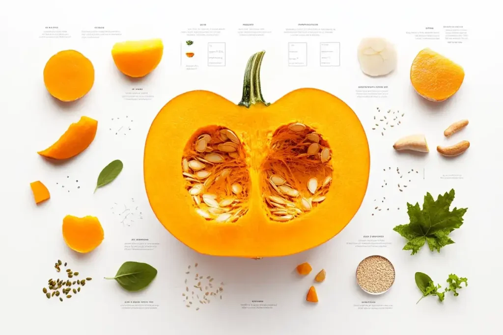 Cross-section of a pumpkin surrounded by pumpkin seeds, leaves, and nutritional labels on a clean white background.