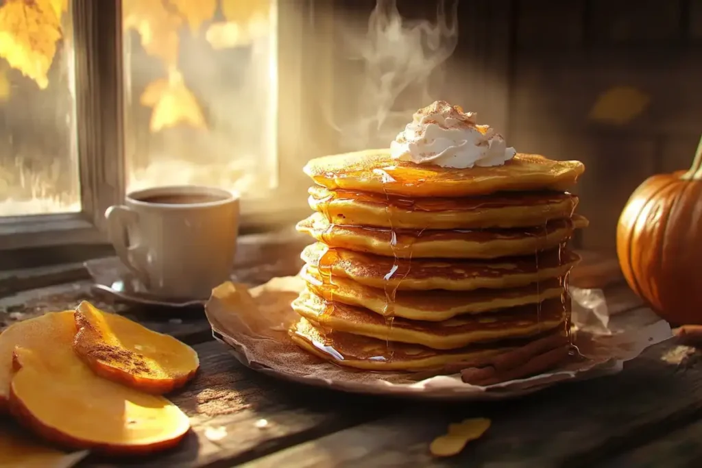 A stack of warm pumpkin pancakes topped with whipped cream and drizzled with syrup, placed by a window with pumpkins and autumn leaves in the background.