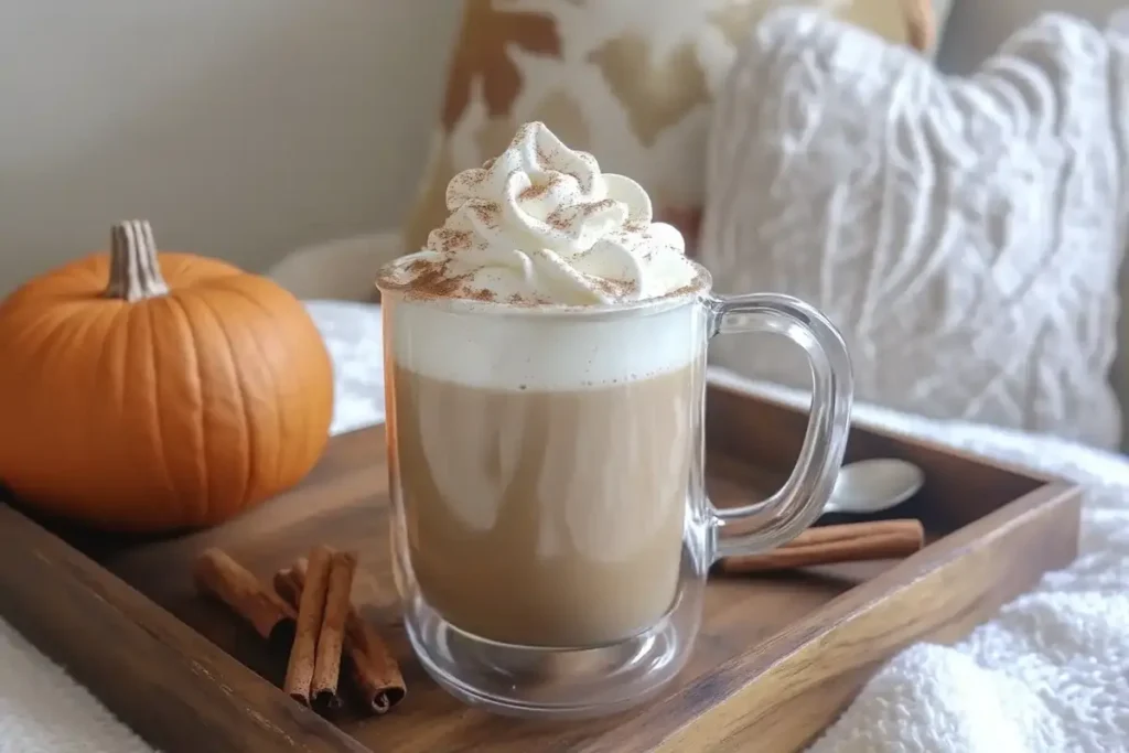 A glass mug of pumpkin spice latte topped with whipped cream and cinnamon, placed on a wooden tray with a pumpkin and cinnamon sticks in the background.