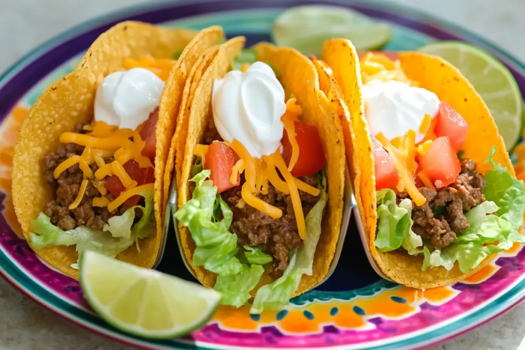 Canned beef tacos with fresh toppings.