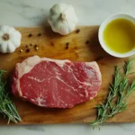 Raw arm steak on a wooden cutting board surrounded by fresh rosemary, garlic cloves, peppercorns, and a bowl of olive oil.