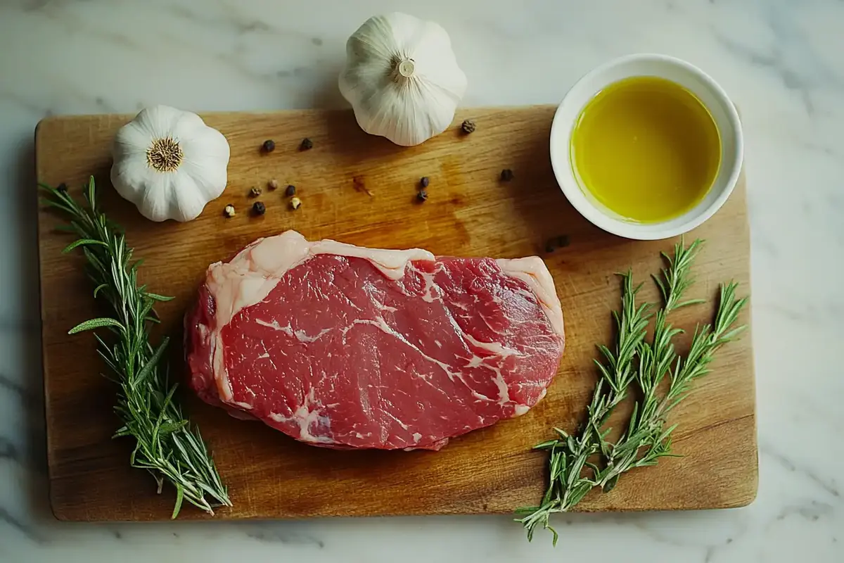 Raw arm steak on a wooden cutting board surrounded by fresh rosemary, garlic cloves, peppercorns, and a bowl of olive oil.