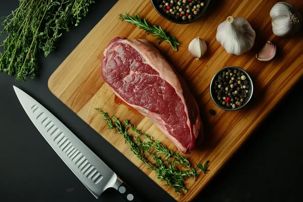 Raw beef arm roast on a wooden cutting board surrounded by fresh thyme, garlic, peppercorns, and a sharp chef’s knife.