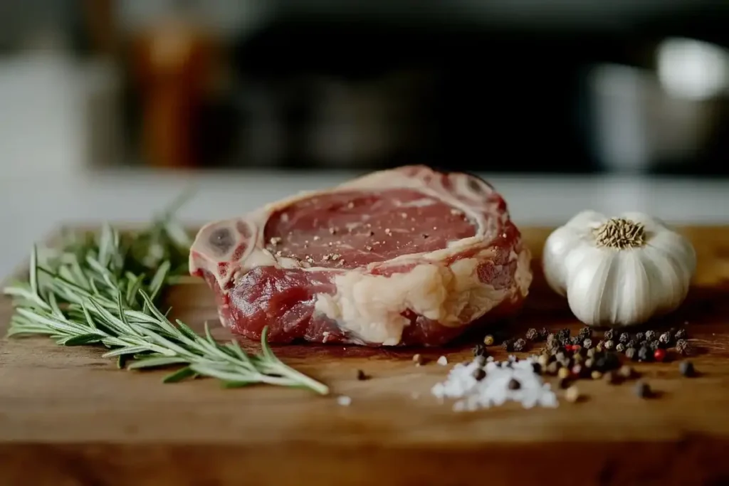 A raw lamb shoulder chop on a wooden cutting board surrounded by fresh rosemary, garlic, coarse salt, and peppercorns in a kitchen setting.