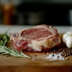 A raw lamb shoulder chop on a wooden cutting board surrounded by fresh rosemary, garlic, coarse salt, and peppercorns in a kitchen setting.