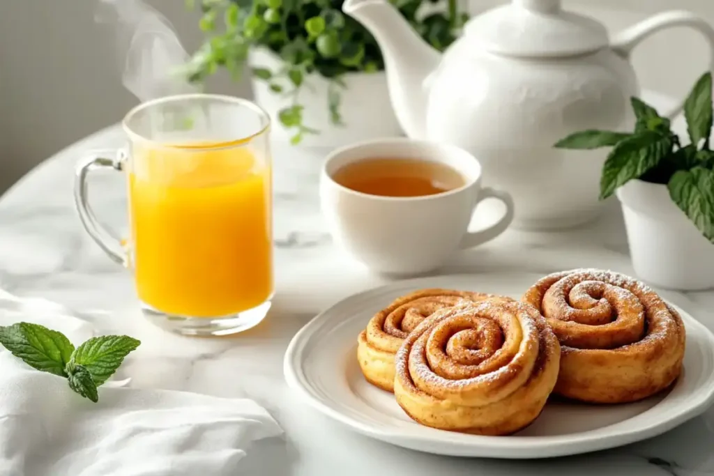 A breakfast setting with two cinnamon rolls, a steaming cup of tea, and a glass of orange juice on a white marble table.