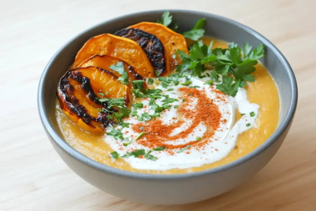 Creamy butternut squash gluten-free soup in a bowl.