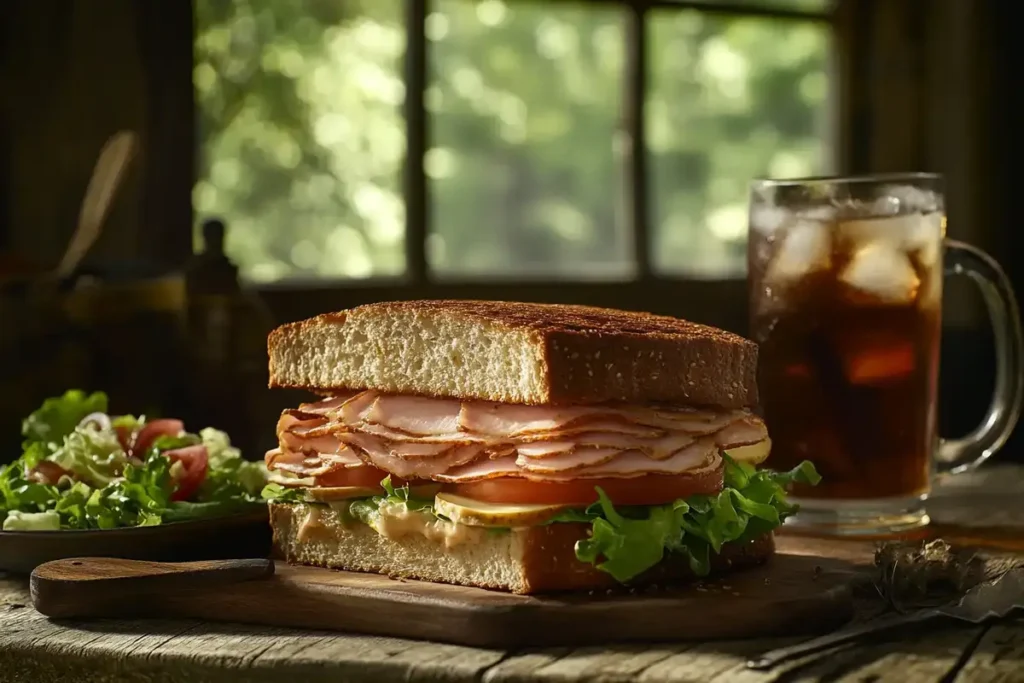 A thick turkey sandwich with layers of turkey lunch meat, lettuce, and tomato on toasted bread, served alongside a fresh salad and iced tea in a rustic setting.