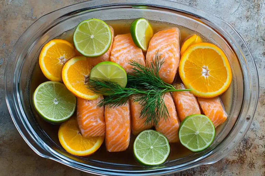 Salmon soaking in a citrus marinade before cooking