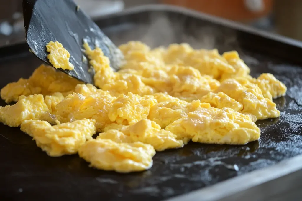 Fluffy scrambled eggs cooking on a Blackstone griddle