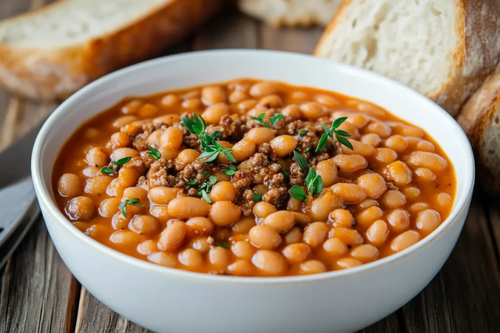 Serving baked beans with ground beef