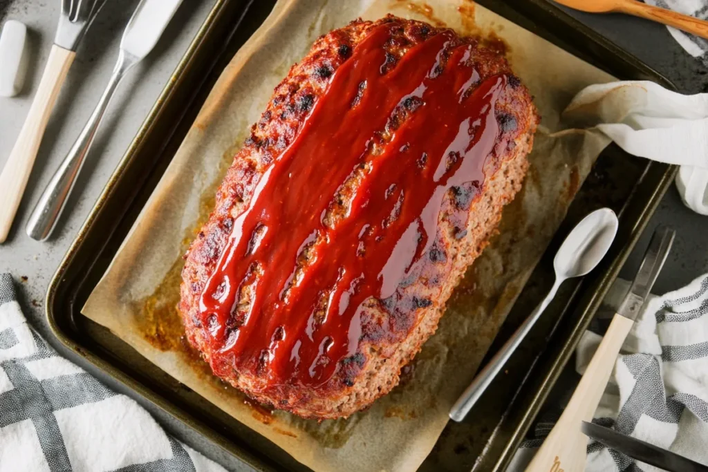 Shaped meatloaf ready for baking with glaze on top.