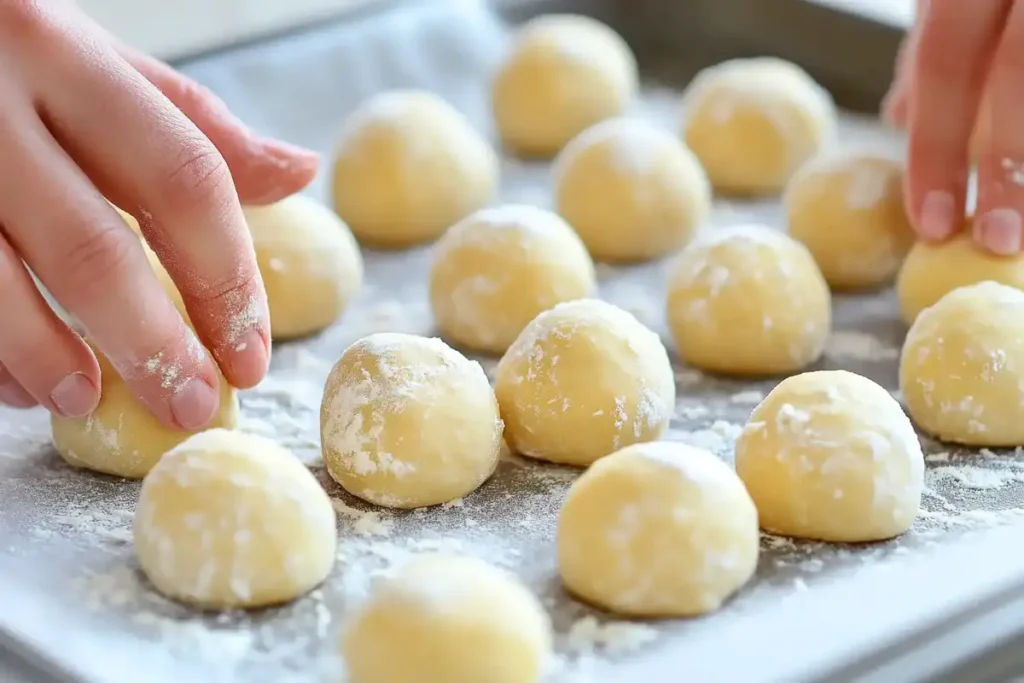 Hands shaping small dough balls on a floured tray, preparing them for baking no-yeast dinner rolls.