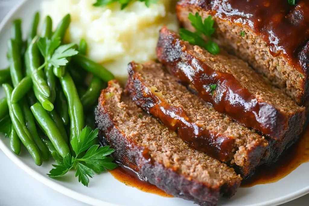 Sliced meatloaf with sides of mashed potatoes and green beans.