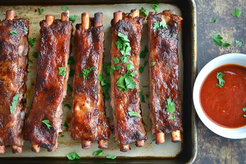 Slow-cooked beef back ribs with BBQ sauce.