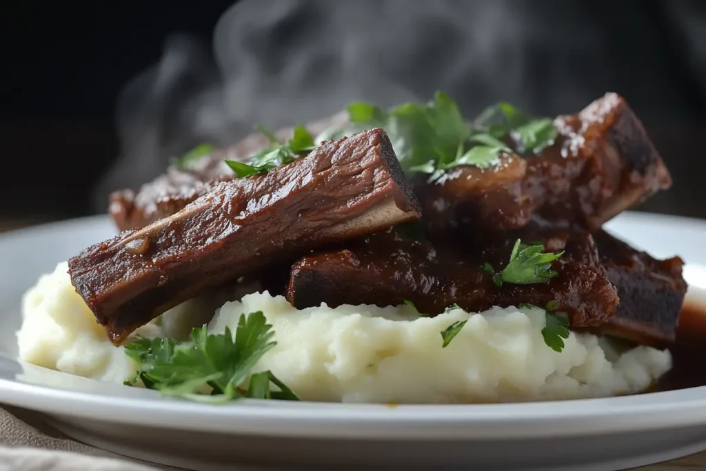 Slow-cooked beef short ribs served on a plate.