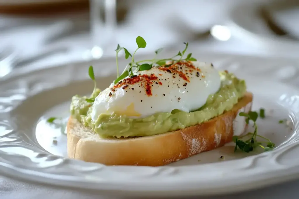 A slice of sourdough bread topped with creamy avocado spread, a perfectly poached egg, microgreens, and a sprinkle of chili flakes on a white plate.