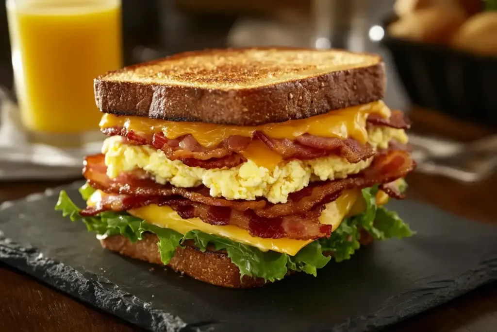 A hearty sourdough breakfast sandwich filled with scrambled eggs, melted cheddar cheese, crispy bacon, and fresh lettuce, served on a black slate plate.