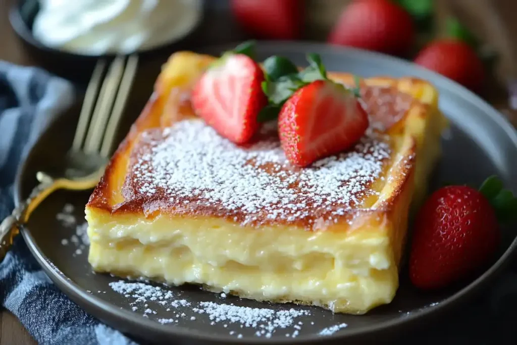 A creamy slice of sourdough breakfast cheesecake topped with powdered sugar, fresh strawberries, and a dollop of whipped cream.