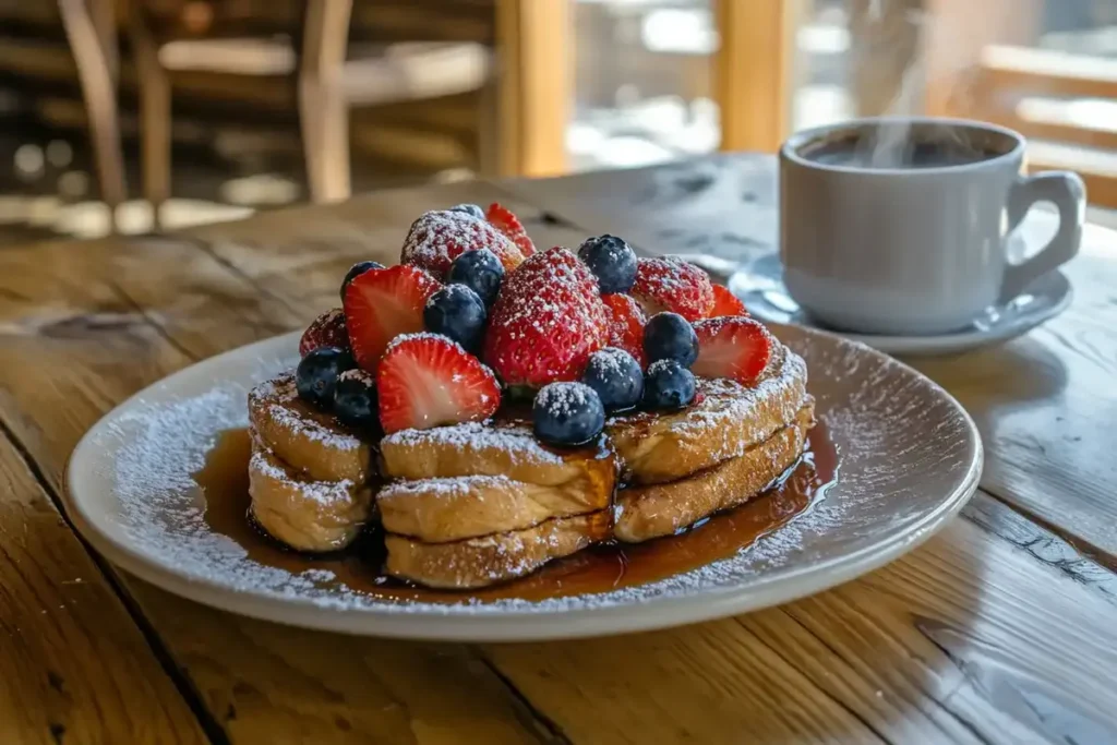 A stack of sourdough French toast topped with powdered sugar, fresh strawberries, and blueberries, drizzled with maple syrup, served with a steaming cup of coffee on a wooden table.