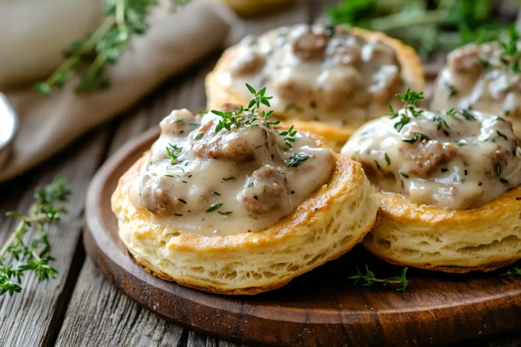 Southern-style biscuit breakfast with sausage gravy.