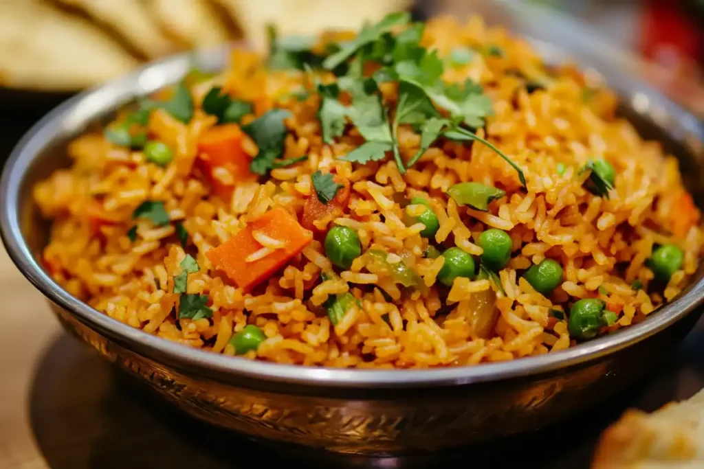 A bowl of vibrant spiced rice mixed with carrots, peas, and garnished with fresh cilantro.