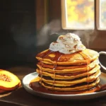 A stack of golden pumpkin pancakes topped with whipped cream and drizzled with maple syrup, served on a white plate with a steaming cup of coffee and pumpkin slices in the background.