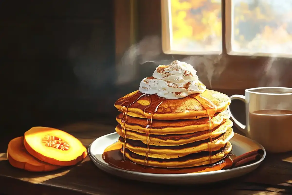 A stack of golden pumpkin pancakes topped with whipped cream and drizzled with maple syrup, served on a white plate with a steaming cup of coffee and pumpkin slices in the background.