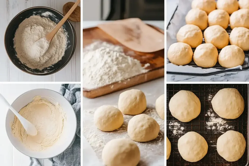 A collage showing the process of making no-yeast dinner rolls, including mixing dough, shaping into balls, and baking until golden.