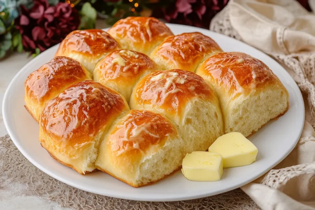 Traditional dinner rolls served with butter.