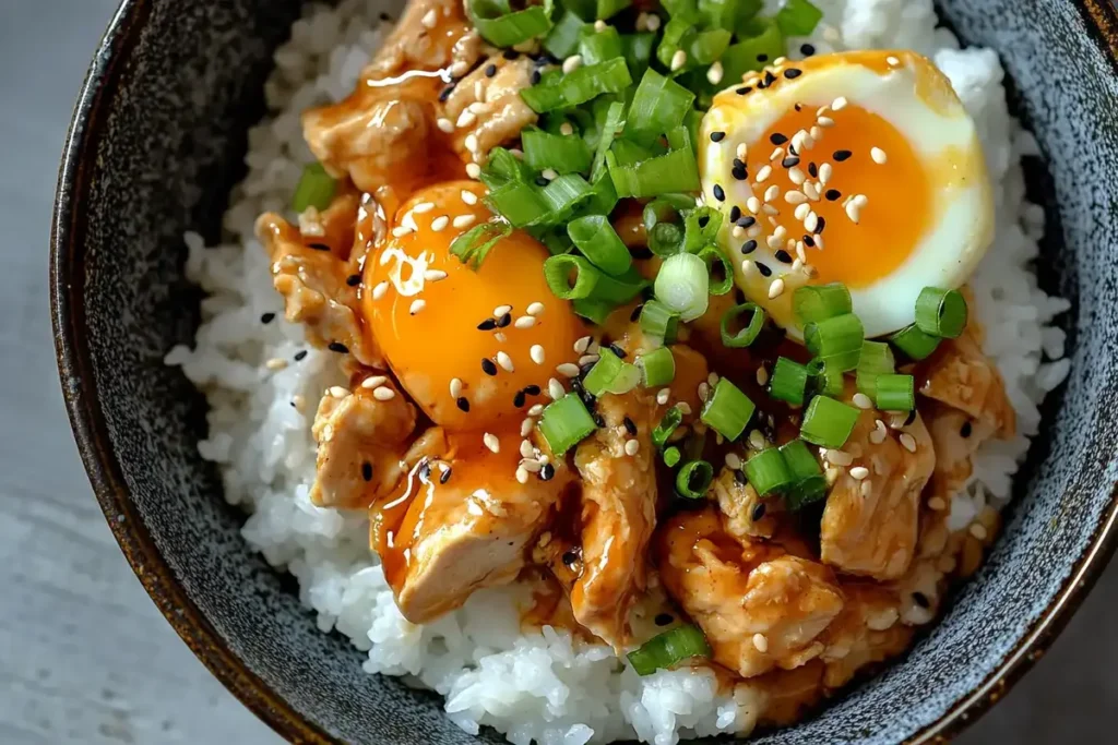 Close-up of Japanese oyakodon bowl featuring tender chicken, a soft-boiled egg, sesame seeds, green onions, and steamed rice.