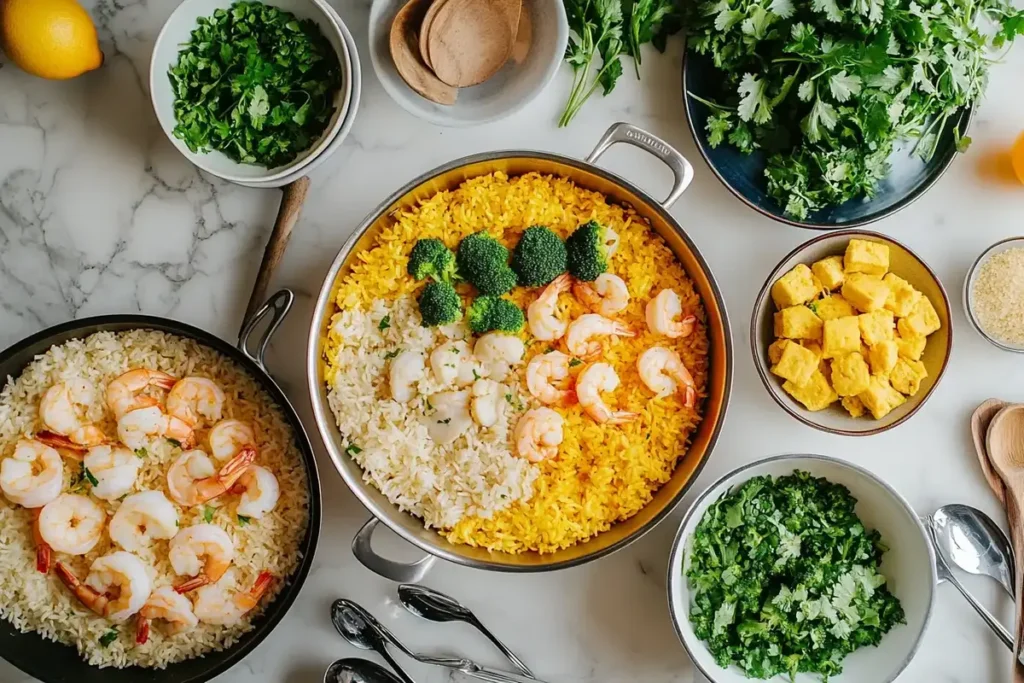 A colorful spread of turmeric-infused rice topped with shrimp, broccoli, and parsley, served with fresh herbs and additional sides.