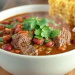 Steak and beef chili served in a bowl