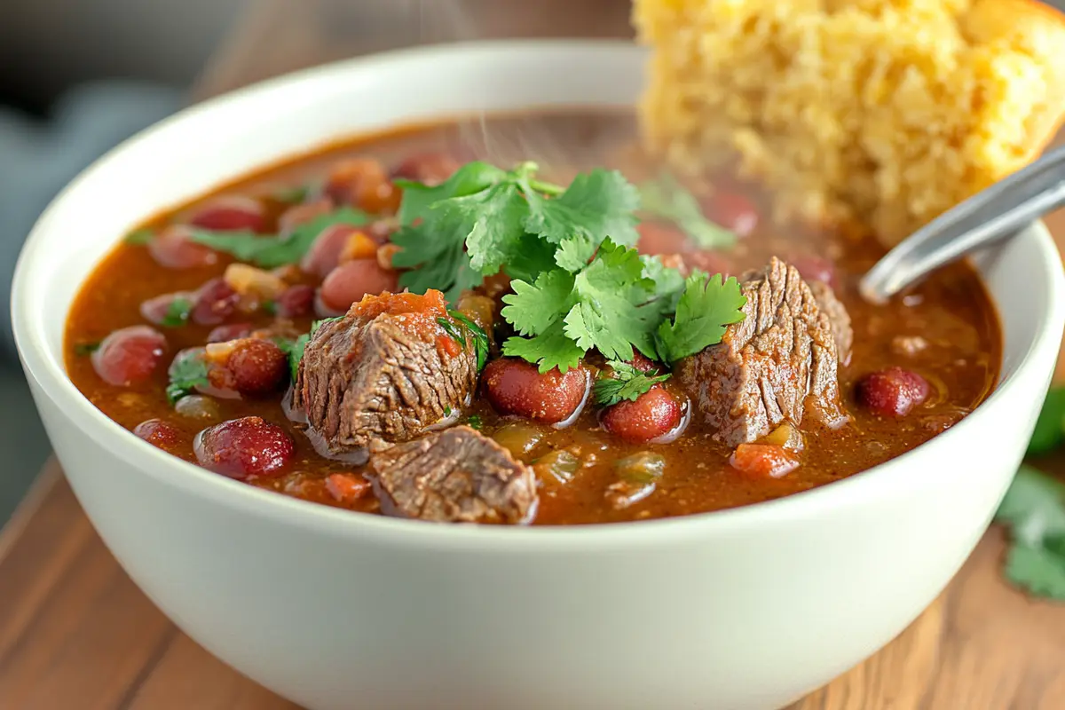 Steak and beef chili served in a bowl