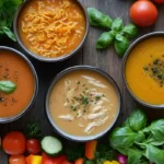 Gluten-free soups guide: bowls of soup with ingredients.